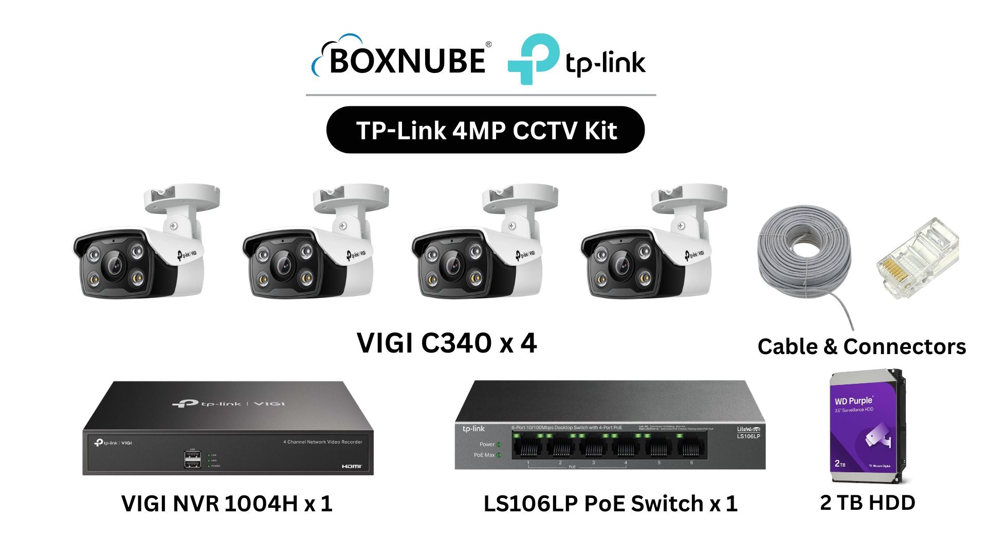 TP-Link VIGI 4MP Full HD 4 Camera Kit Bundle | 4 x VIGI C340, 1 x 4 Channel NVR, 1 x 4+2 Port PoE Switch with 100M CAT6 Cable & RJ45 Connectors TP-Link VIGI 4MP Full HD 4 Camera Kit Bundle | 4 x VIGI C340, 1 x 4 Channel NVR, 1 x 4+2 Port PoE Switch with 100M CAT6 Cable & RJ45 Connectors